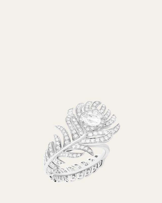 Small 18K White Gold Plum de Paon Feather Ring with Diamonds
